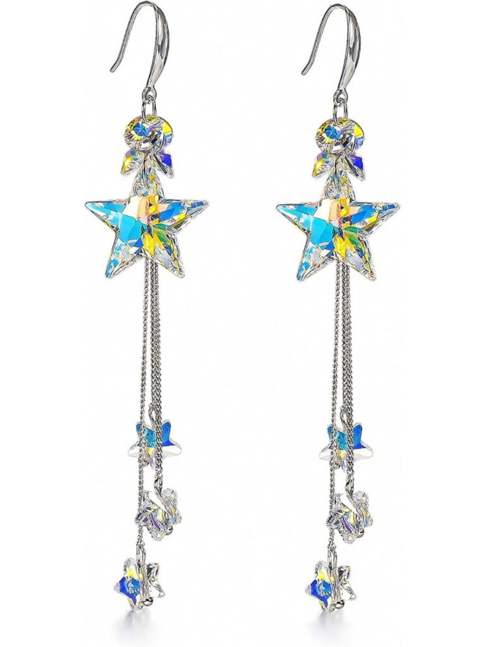Handmade 925 Sterling Silver Star Drop Earrings with Aurora Borealis Crystals